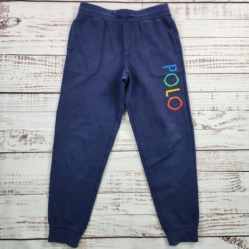 Polo Ralph Lauren Boys Navy Blue Fleece Joggers Rainbow Logo Sweatpants L 14-16